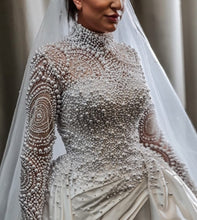 C2022-PLS887 Pearl beaded long sleeve modest wedding gown with detachable train