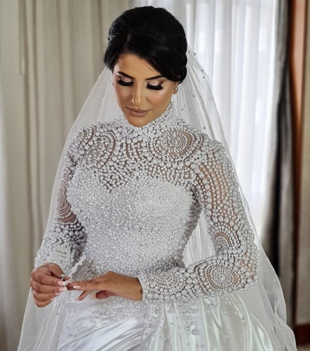 C2022-PLS887 Pearl beaded long sleeve modest wedding gown with detachable train