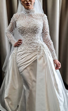 C2022-PLS887 Pearl beaded long sleeve modest wedding gown with detachable train
