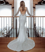 C2023-LS771 sequin and crystal beaded long sleeve backless wedding gown with open bust line