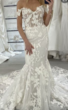 C2023-oS44b off the shoulder fitted lace wedding gown