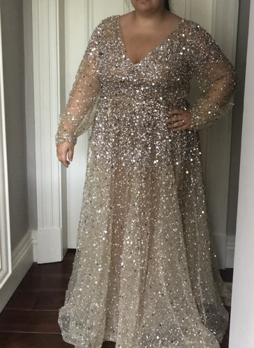 C2023-SPS91 col en v à manches longues grande taille sequin robe de soirée formelle robe de mariée