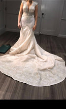 C2023-CS42C cap sleeve v-neck fit-and-flare wedding gown with cathedral train