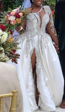 C2022-FBS887 - Vestido de novia con cuentas de cristal y un brazo con abertura y vestido de baile desmontable