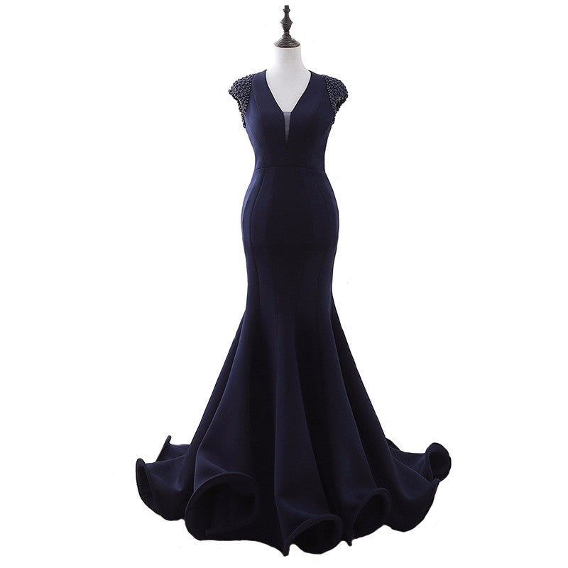 Robe de soirée bleu marine à mancherons 
