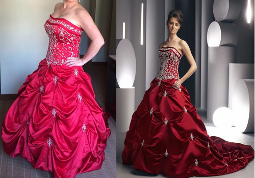 Réplique d'une robe de mariée formelle sans bretelles rouge