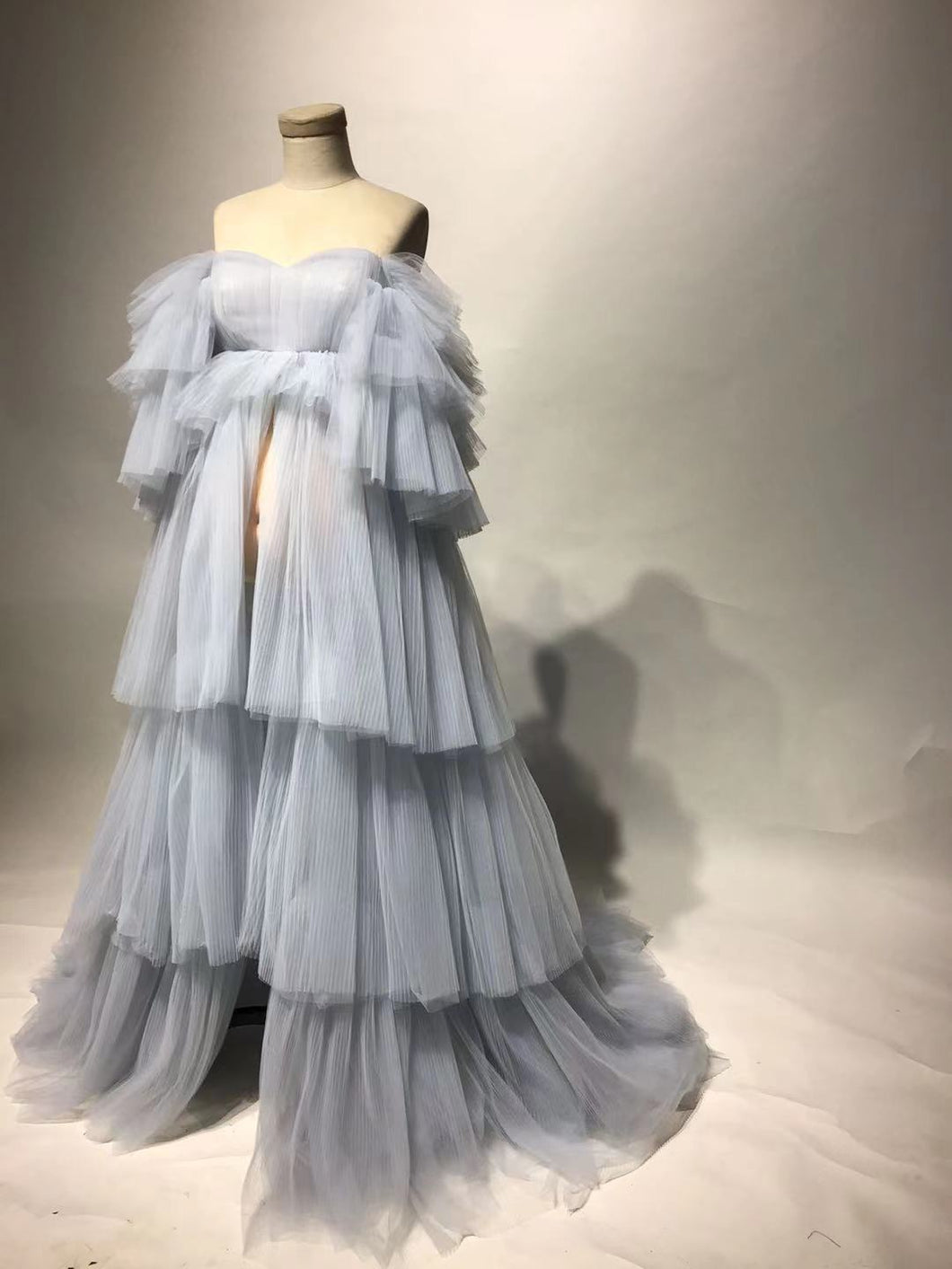 Off the shoulder formal evening gown duster